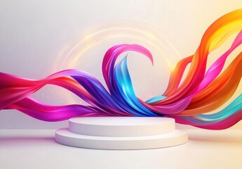 Poster - Vibrant multi-colored ribbons flow gracefully around a sleek white podium, creating a dynamic visual in a well-lit environment