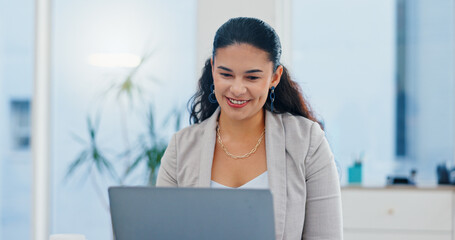 Poster - Video call, meeting and business woman on laptop for conversation, online discussion and virtual webinar. Professional, corporate office and person on computer for communication, strategy or planning
