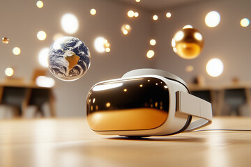 Poster - Virtual reality headset placed on wooden surface. Glowing orbs in an innovative setting create a futuristic atmosphere. Concept of technology, gaming, virtual experiences