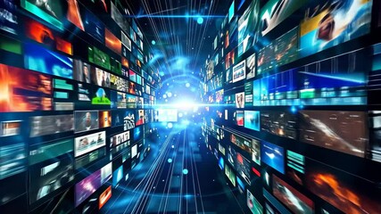 Poster - Multiple screens displaying a spectrum of multimedia content create an immersive atmosphere, illustrating the vastness of digital streaming and visual storytelling.