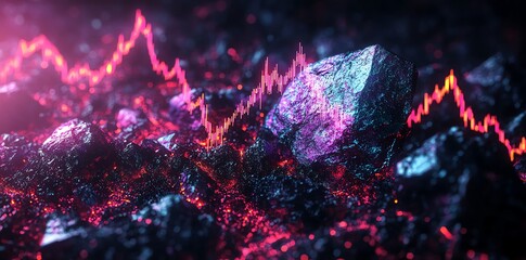 Poster - Glowing Rocks and a Pink Stock Chart: A Dramatic Digital Artwork