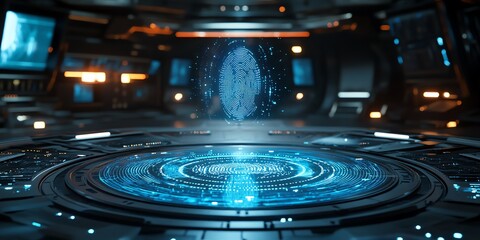 Poster - Futuristic Fingerprint Scan: Glowing Blue Hologram in a Dark Tech Room