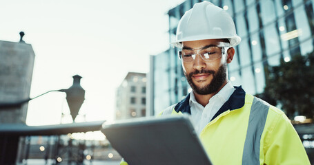 Leinwandbilder - Tablet, architect and happy man in city for construction, development and planning at dawn. Technology, building and engineer outdoor for maintenance, safety inspection and infrastructure project