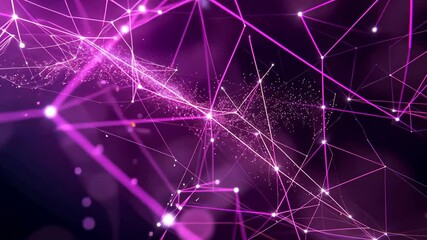 Fototapete - A captivating display of interconnected nodes and lines in various purple hues, symbolizing digital networks and the flow of information in a cosmic landscape.