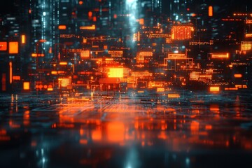 Poster - Neon-lit grids and glowing data blocks create a futuristic atmosphere that merges past and future in a captivating display of technology