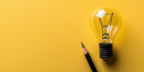 Poster - Light Bulb and Pencil on Yellow Background, Creative Concept, Inspiration, New Ideas, Innovation
