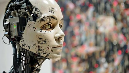 Poster - The display features a humanoid robotic head with visible circuits and mechanical components, set against an artistic backdrop filled with colorful patterns.