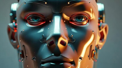 Poster - A close-up view of a robotic face showcasing intricate details, glowing elements, and advanced technology in a modern studio environment, emphasizing its futuristic design.