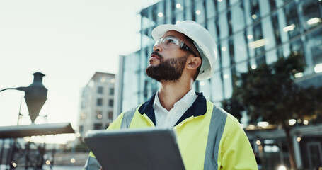 Aufkleber - Tablet, engineer thinking and man in city for building, planning and development at dawn. Technology, construction and architect outdoor for maintenance decision, safety inspection or problem solving