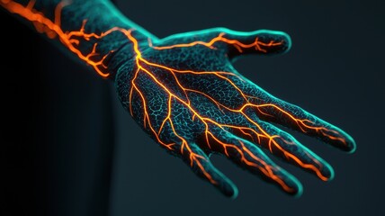 Poster - Dynamic glowing hand with electrical patterns studio macro photography dark background artistic concept