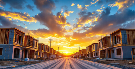 Row of modern suburban houses under construction, contemporary architecture style, glowing sunset sky in the background, concept of development progress. Ai generative