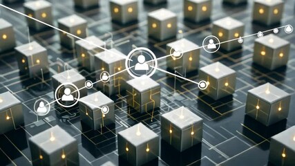 Poster - The modern digital landscape features interconnected white blocks and glowing lines, illustrating the concept of advanced technology and data connectivity.