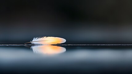 Poster - A poetic composition of a lone feather gently resting on a serene reflective black surface subtly illuminated by a soft light source