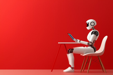 Poster - Robot seated at table engaging with tablet in vibrant red room. Contemporary setting highlights innovation and technology. Concept of robotics, artificial intelligence, and design