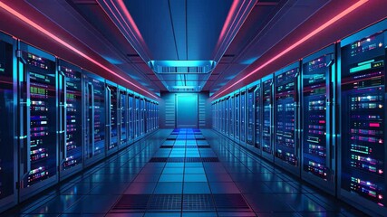 Poster - A high-tech data center features long rows of servers, bathed in blue and pink light, creating a dynamic atmosphere of innovation and advanced technology.