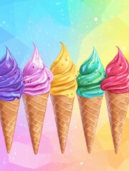 Aufkleber - Cheerful rainbow-colored ice cream cones featuring glossy textures and vibrant flavors against a pastel background