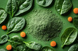 © Людмила Мазур - Green powder and some leaves are placed on a green surface. The powder is in the middle of the leaves and he is a type of supplement