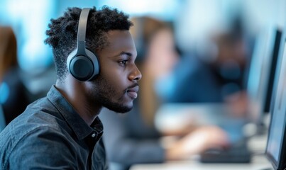 Poster - Focused young man wearing headphones works on his computer in a modern office setting.