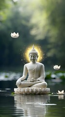 Poster - A serene 3D render of a Buddha statue in deep contemplation surrounded by glowing lotus flowers floating on a calm reflective pond