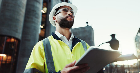 Leinwandbilder - Tablet, engineer thinking and man outdoor for construction, planning and development at dawn. Technology, building and architect in city for maintenance decision, safety inspection or problem solving