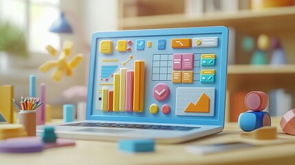 Poster - Laptop Displaying Colorful Data Charts and UI Elements in Playful 3D Style