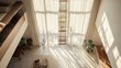 © mas - High-ceilinged living room with sheer curtains, sunlit, interior design