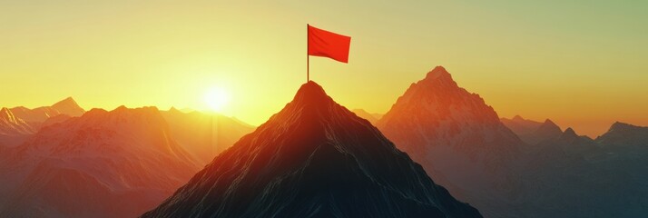 Poster - Bright red flag atop majestic mountain at sunrise creates a high-energy adventure atmosphere in stunning natural landscape
