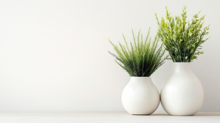 Poster - Modern home decor featuring green plants in white ceramic vases against a neutral background for an elegant living space