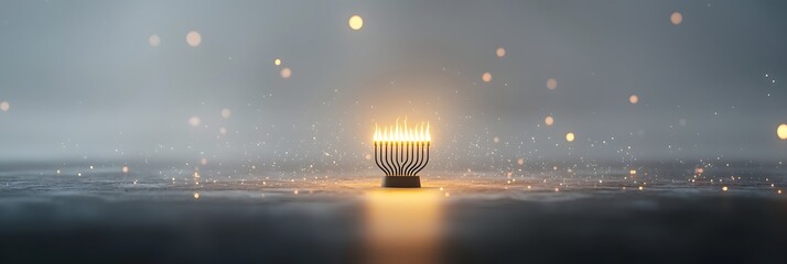 Leinwandbilder - A serene and mesmerizing 3D digital render depicting a glowing menorah suspended in a dark ethereal environment with a swirl of floating light particles surrounding it