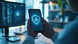 © zea - Mobile device security displayed on a tablet.  Hands holding a tablet showing a security shield graphic