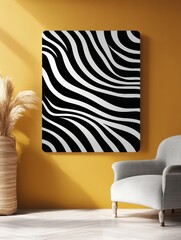 Aufkleber - Bold modern abstract pattern featuring minimalistic black and white wavy lines on a striking yellow wall