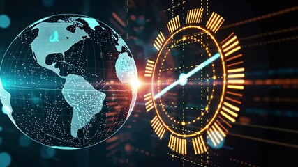 Poster - A vibrant depiction showcases a glowing Earth surrounded by digital elements and a futuristic clock, illustrating the interaction of technology and global communication.