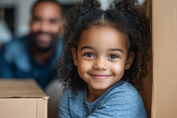parent child relocation love fun concept. happy multiethnic family moving in new home