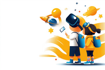 Poster - Children engaged in virtual reality experience with futuristic graphics. Bright colors and playful space elements create exciting atmosphere. Concept of technology, education, entertainment
