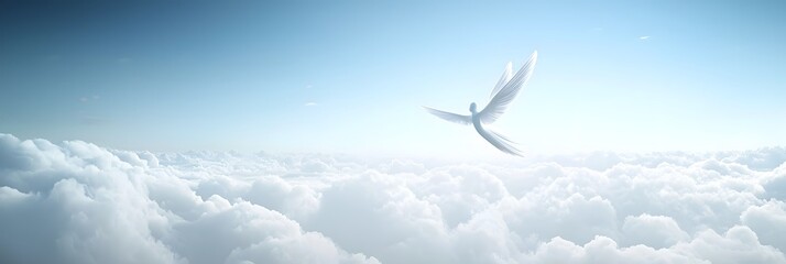Poster - A serene and transcendent scene of an angelic figure gracefully soaring through the ethereal clouds conveying a sense of spiritual peace and wonder