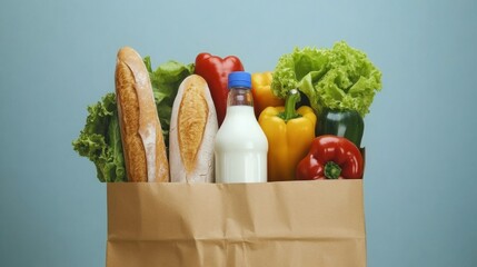 Aufkleber - Fresh grocery bag filled with colorful produce, baguettes, and milk against a bright background