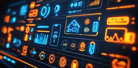 Poster - Futuristic Smart Home Interface: Glowing Blue and Orange Digital Dashboard