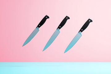 three floating knives on a pink and teal background