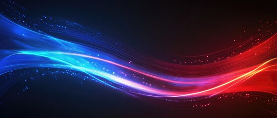 Poster - Abstract Dynamic Wave of Glowing Blue and Red Particles on Dark Background Creates a Futuristic Energy and Motion