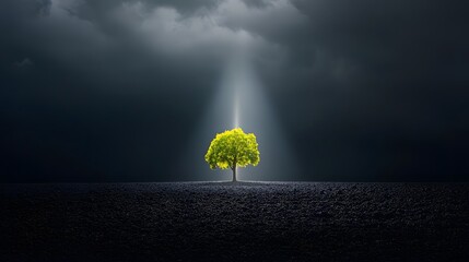 Poster - A single vibrant tree stands solitary in the middle of a vast dark field bathed in a mesmerizing beam of ethereal light from the heavens above creating a serene and mystical atmosphere