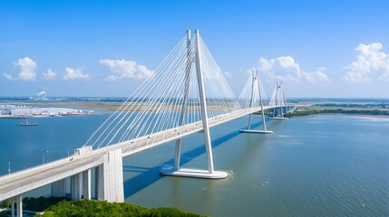 Poster - a sleek cable stayed bridge stretching across a vast river captured from an elevated aerial viewpoin