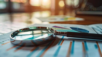 Poster - Magnifying glass rests on colorful charts while sunlight streams into a work area, highlighting key data analysis activities