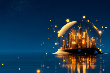 Poster - City skyline enclosed in transparent dome floats on calm water. Soft blue twilight creates enchanting atmosphere with reflective lights. Concept of urban life, fantasy settings, future design