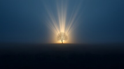 Poster - A solitary tree stands in the middle of a dark field its silhouette dramatically illuminated by a surreal beam of light shining from the horizon