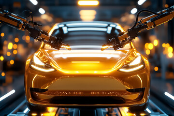 Poster - Robotic arms assembling electric vehicle in high-tech factory. Intense focus on vehicle exterior with bright lights creating dynamic atmosphere