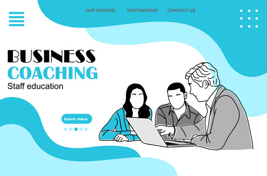 Staff education business coaching landing page. Website template with business man coach teaching new employees. Flat graphic outline vector illustration in black and blue colors.
