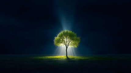 Poster - A solitary tree stands in the middle of a dark open field bathed in a mesmerizing beam of light that seems to emanate from the heavens creating a serene and enchanting atmosphere