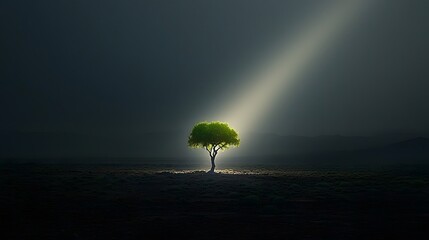 Poster - A solitary tree stands in the middle of a vast dark field its silhouette illuminated by a dramatic almost otherworldly beam of light from the heavens creating a surreal and mesmerizing atmosphere
