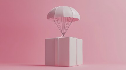 Poster - Gift Box Descent: A Minimalist Pink Parachute Scene