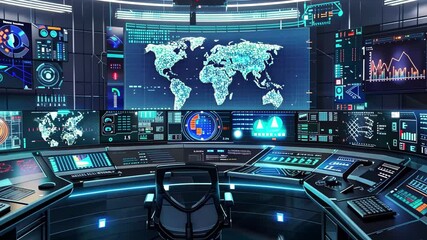 Poster - The advanced control room is illuminated by blue lights, showcasing large screens with global maps and data analytics, creating a futuristic atmosphere.